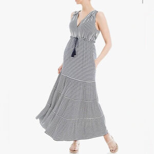 Max Studio London Tied V Neck Maxi Sleeveless Dress Navy & White Striped Size XL